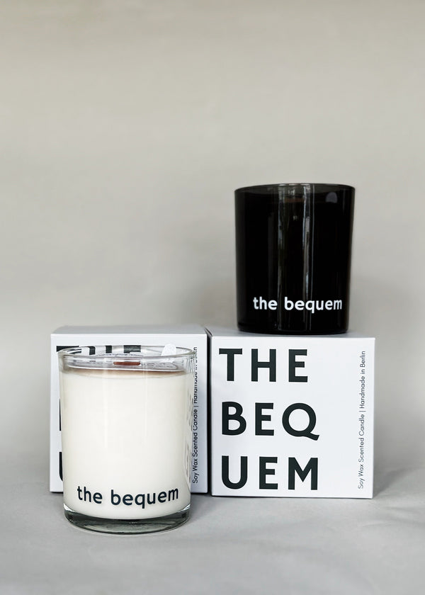 Two soy wax Candles and packaging with 'the bequem' branding on a neutral background